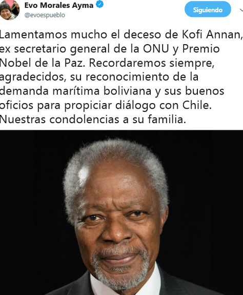 El presidente Evo Morales lamentó la muerte de Kofi Annan 