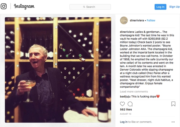 La cuenta de Instagram del restaurante canadiense publicó la foto del legendario ladrón. (@dineriviera)