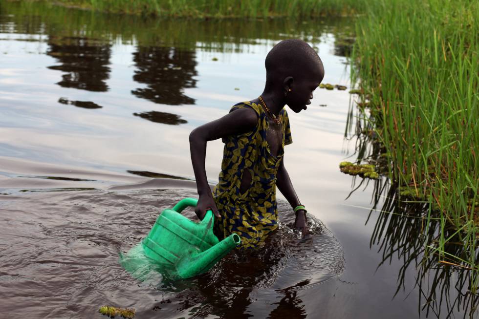 Una chica desplazada interna recoge agua en Sudd Swamp (Sudán del Sur). 