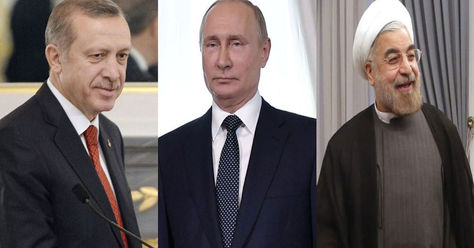 (De izq. a der.) Recep Tayyip Erdogan, Vladimir Putin y Hasan Rohaní presidentes de Turquía, Rusia e Irán respectivamente. Fotos: EFE