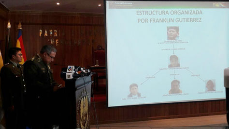 El comandante de la Policía muestra el organigrama de la estructura que dijo que encabeza el cocalero Franklin Gutierrez. Foto: Ángel Guarachi