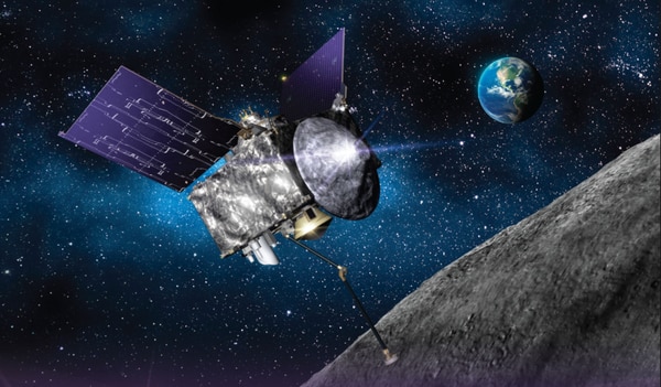 Recreación artística del vehículo espacial OSIRIS-REx sacando una muestra de materia de un asteroide para traerla de vuelta a la Tierra en septiembre de 2023