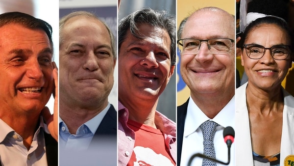 Los cincos principales candidatos: Jair Bolsonaro (28%), Ciro gomes (13%), Fernando Haddad (16%), Geraldo Alckmin (9%) y Marina Silva (7%)