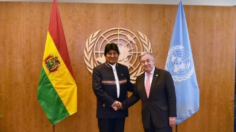 El presidente Evo Morales y el secretario General de la ONU, Antonio Guterres. Foto tomada de la cuenta de Twitter del presidente Morales