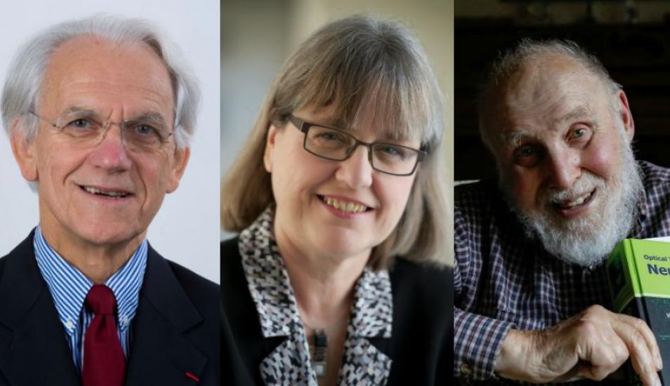 De izquierda a derecha: Gérard Mourou, Donna Strickland y Arthur Ashkin. (Foto: Reuters, AFP, AP)