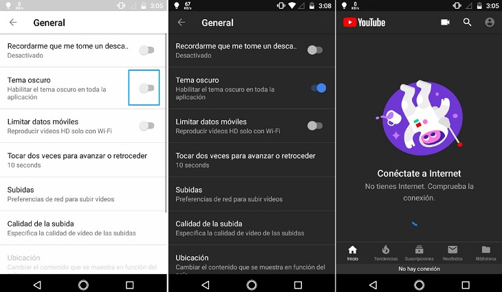 Modo oscuro de YouTube activado en Android