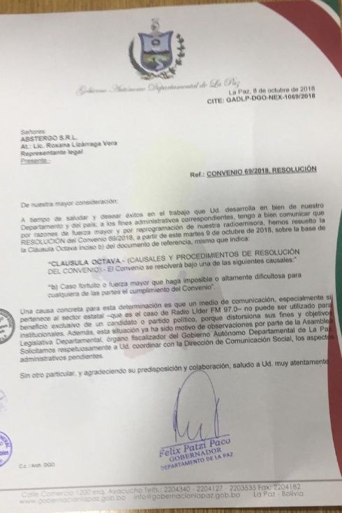 Carta de la Gobernación de La Paz al programa 