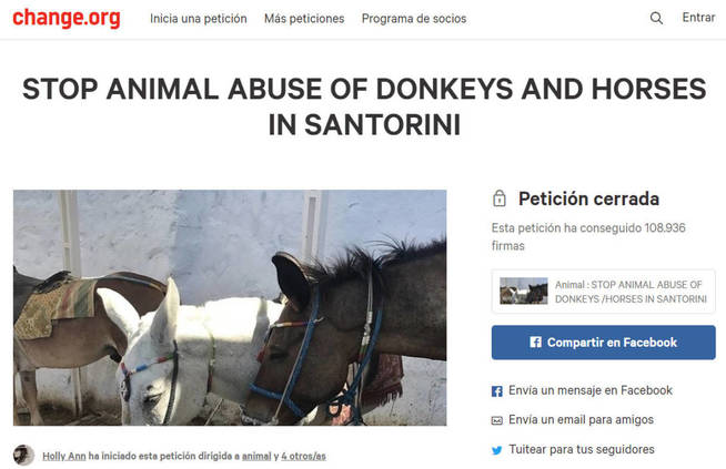 Una petición en change.org ha recogido más de 100.000 firmas contra el abuso animal en Santorini