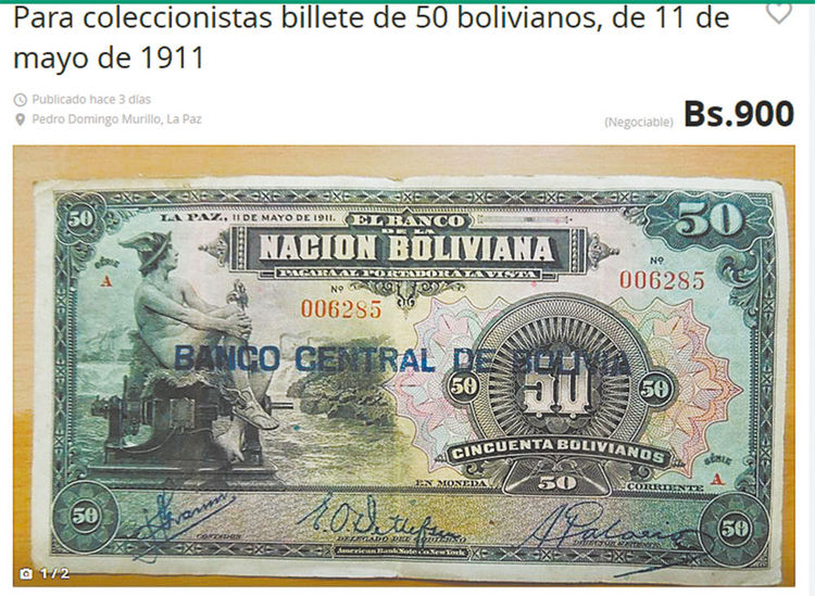 OLX. Este billete de 50 bolivianos y de 1911 cuesta Bs 900.