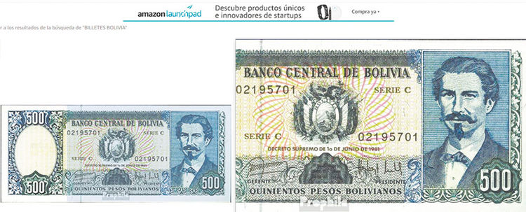 Amazon. En venta un billete de 500 pesos bolivianos.