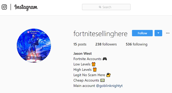 Una cuenta de Instagram que ofrece cuentas de Fortnite