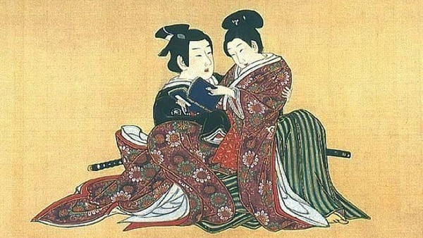 Un patrón y su kagema (prostitutos hombres, aprendices de kabuki), de Miyagawa Isshō