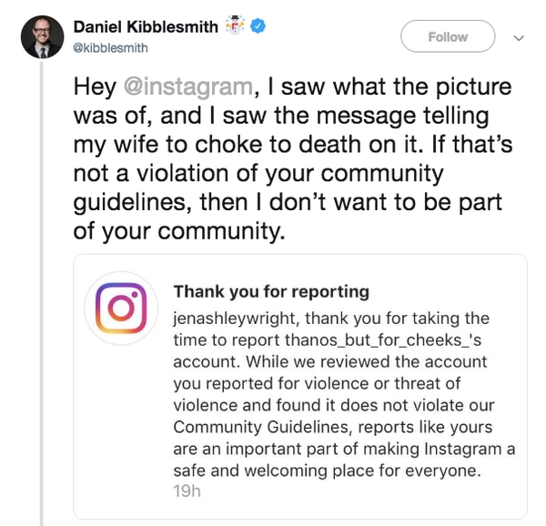 El esposo de otra víctima de acoso a la que Instagram ignoró respondió que “si eso no es una transgresión de sus Pautas Comunitarias, entonces no quiero ser parte de su comunidad”.