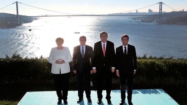 Angela Merkel, Vladimir Putin, Recep Erdogan y Emmanuel Macron (AP)