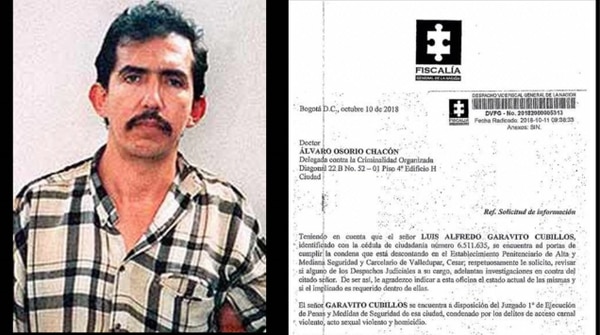 Izquierda: Luis Alfredo Garavito (imagen vía Wikimedia Commons). Derecha: Documento de la Fiscalía General de la Nación del 10 de octubre de 2018.