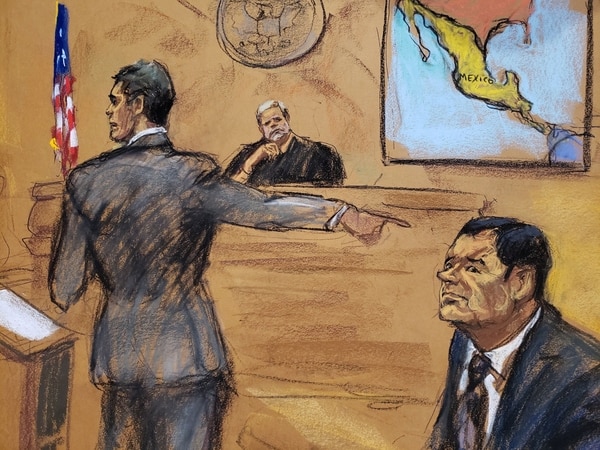 Otra de las ilustraciones hechas donde la Fiscalía del Distrito Este de Nueva York acusa a Joaquín “El Chapo” Guzmán (EFE)