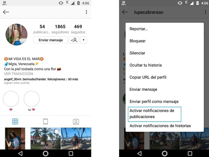 Activar notificaciones de un usuario en Instagram