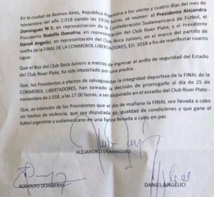 El papel firmado por los presidentes de River, Boca y la Conmebol.