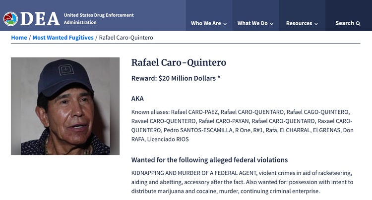 Rafael Caro Quintero, entre los más buscados por la justicia de EEUU.