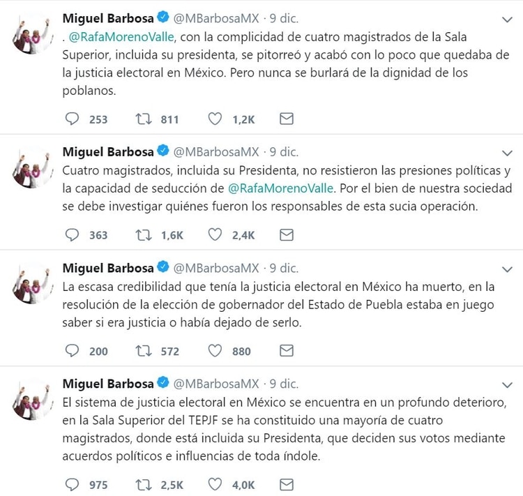 A través de su cuenta de Twitter, Barbosa acusó de corrupción a Moreno Valle (Foto: Twitter Miguel Barbosa)