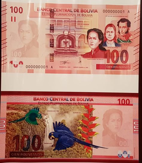 El nuevo billete de Bs 100 de la Primera Familia de Billetes (PFB) del Estado Plurinacional de Bolivia.