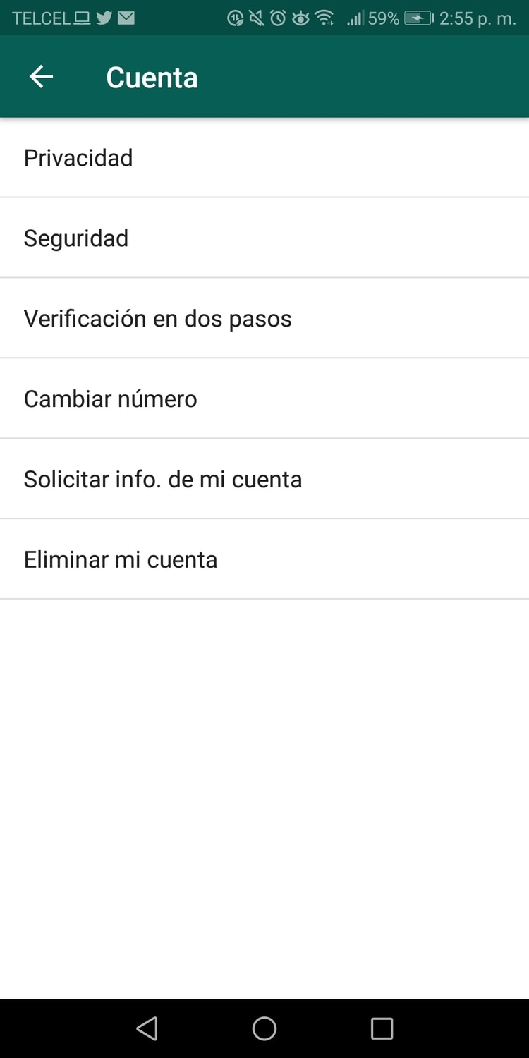 Para cambiar tu número debes ingresar al menú de la app, después ajustes y cuenta, donde verás cambiar número (Captura de pantalla)