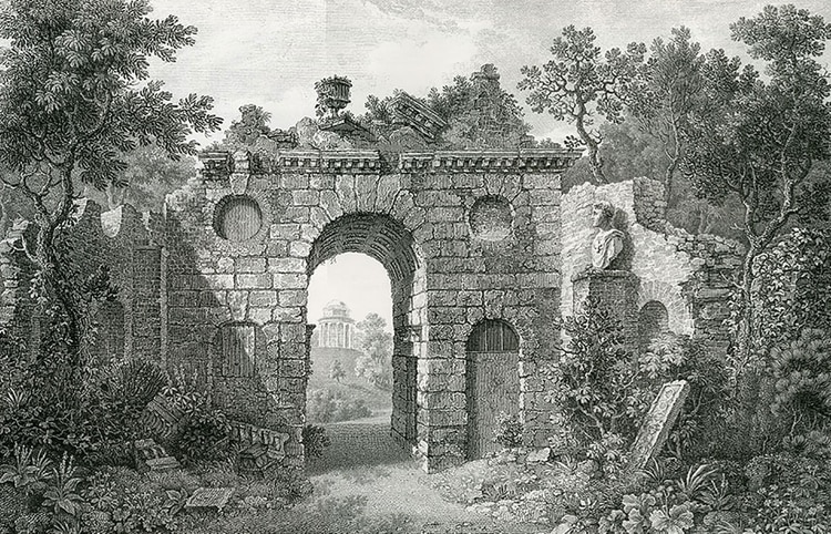 El “Arco en ruinas” de Chambers, según una ilustración de Joshua Kirby y grabado de William Woollet (1763)