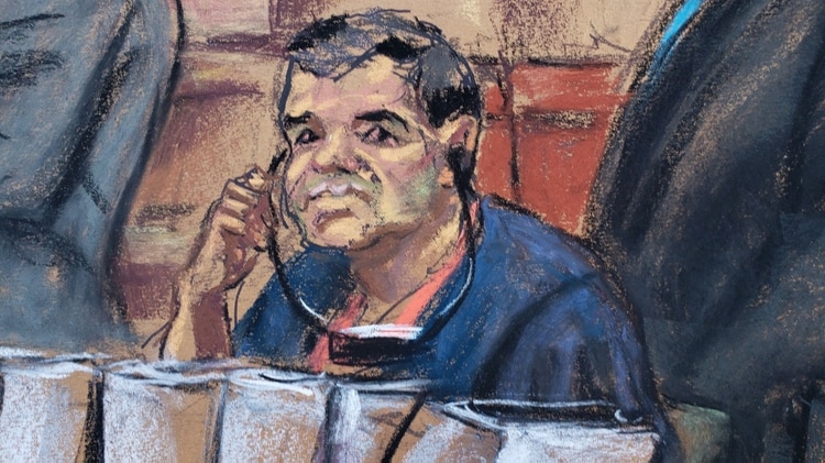 Dibujo de “El Chapo” Guzmán en pleno juicio (Foto: EFE)