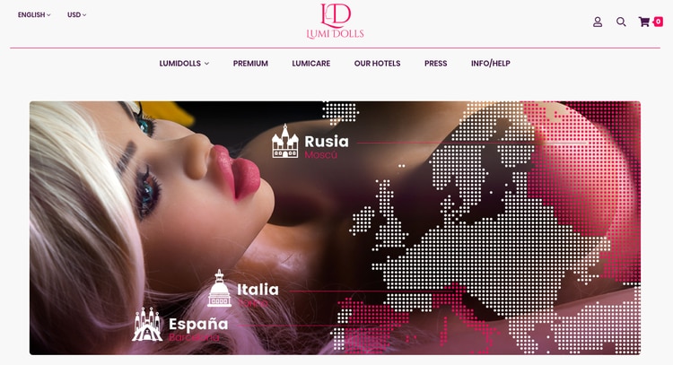 En su sitio, la empresa Lumi Dolls, de burdeles con robots, anuncia sus locaciones. (Lumi Dolls)