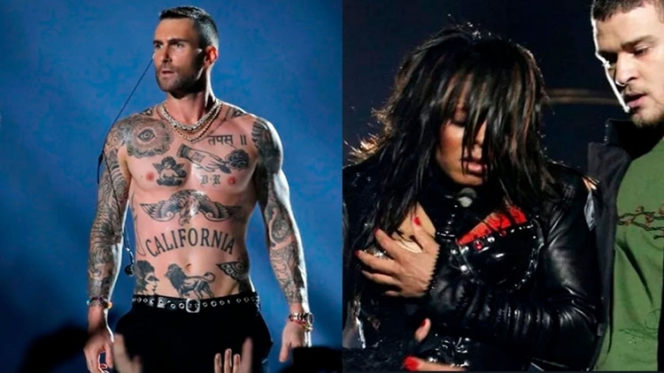 Adam Levine terminó sin camisa en el show del medio tiempo del Super Bowl LIII; la imagen partida muestra a janet Jackson el día del incidente que marcó su carrera (Foto: (REUTERS/Mike Segar / Archivo)