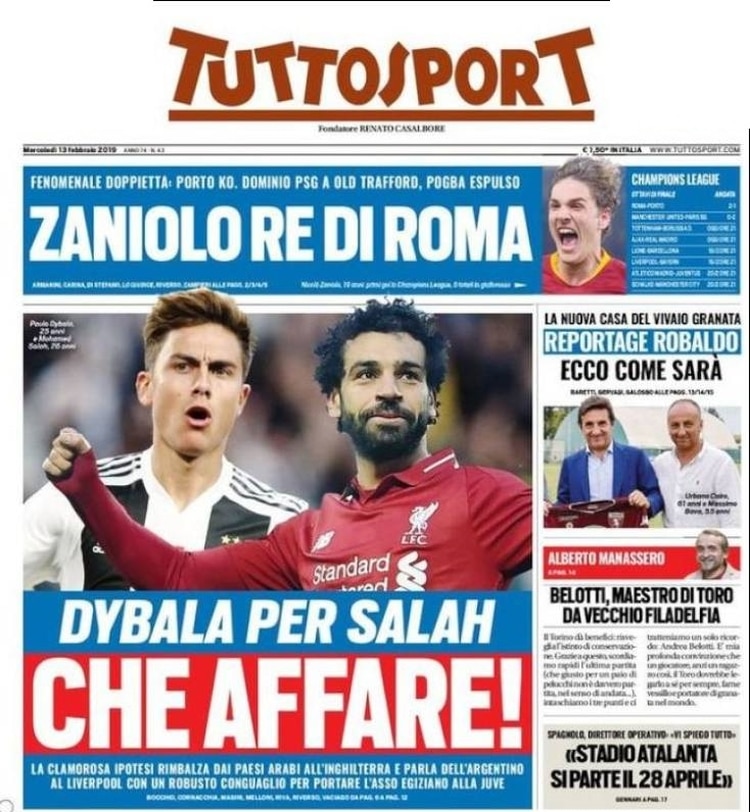 La portada de Tuttosport habla del intercambio Paulo Dybala-Mohamed Salah