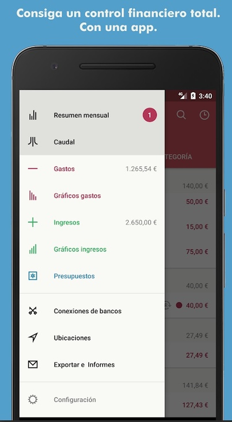 Se puede obtener un resumen mensual de los gastos y conectarlo a ciertos bancos.