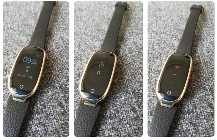 Tres de las diferentes pantallas que se pueden ver en la pulsera Sensovida Aura