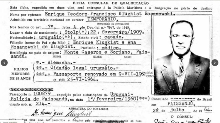 Solicitud de permiso para ingresar desde Uruguay a Brasil del doctor Enrique Klugkist, quien se cree era en realidad Aribert Heim