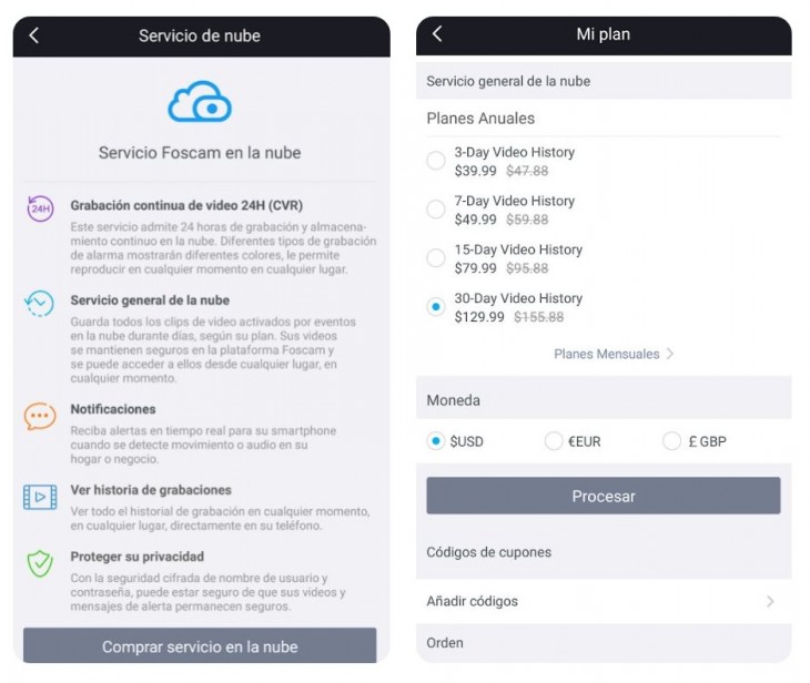 Servicios de almacenamiento en la nube ofrecidos por Foscam