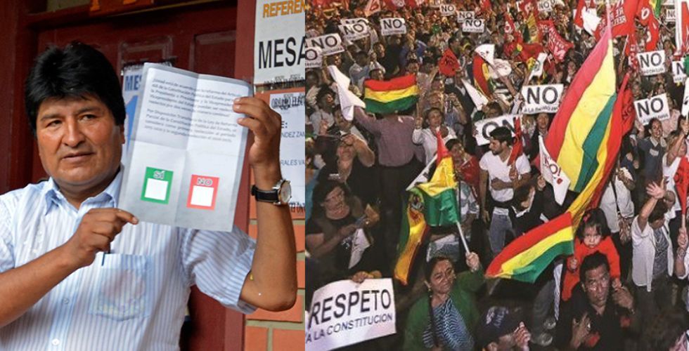 A la izquierda de la imagen, el presidente Evo Morales antes de votar en el referendo de febrero de 2016, hace tres aÃ±os. A la derecha, la imagen de uno de las movilizaciones de los defensores del No