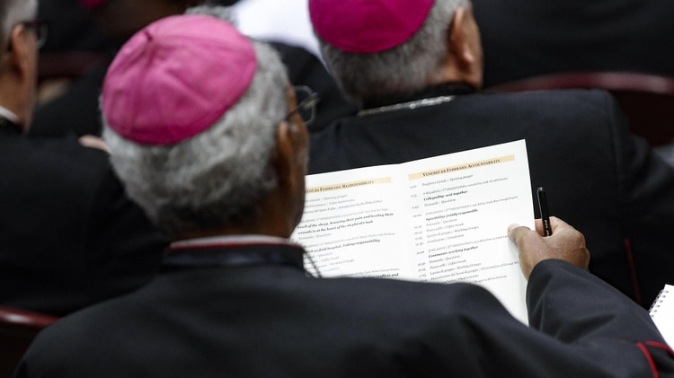 Un obispo lee el programa del día (Photo by GIUSEPPE LAMI / POOL / AFP)