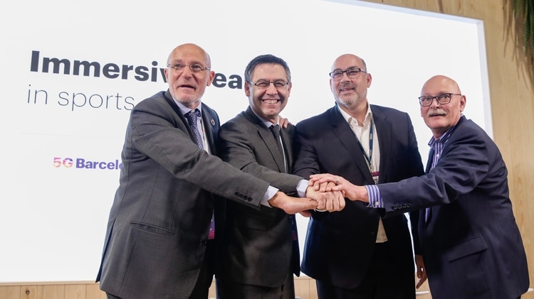 El CEO de Mobile World Capital Barcelona, Carlos Grau; el presidente del FC Barcelona, Josep Maria Bartomeu; el presidente de Telefónica España, Emilio Gayo; y el consejero delegado de GSMA, John Hoffman (Telefónica)