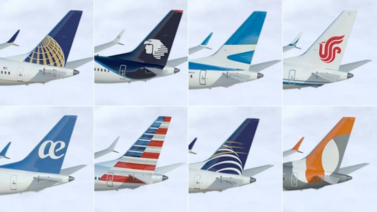 Algunos de los principales operarios del 737 MAX, en sentido horario: United Airlines, Aeromexico, Aerolíneas Argentinas, Gol Linhas Aereas, Copa Airlines, American Airlines y Air Europa