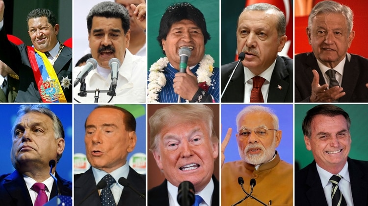 Diez de los líderes que marcaron el resurgir del populismo en los últimos 20 años. Arriba: Hugo Chávez (Venezuela), Nicolás Maduro (Venezuela), Evo Morales (Bolivia), Recep Erdogan (Turquía) y Andrés López Obrador (México). Abajo: Viktor Orbán (Hungría), Silvio Berlusconi (Italia), Donald Trump (EEUU), Narendra Modi (India) y Jair Bolsonaro (Brasil)
