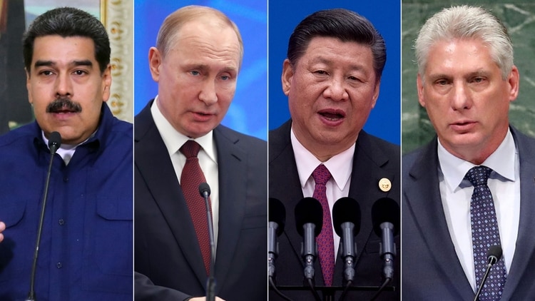 El venzolano Nicolás Maduro, el ruso Vladimir Putin, el chino Xi Xinping y el cubano Miguel Diaz Canel
