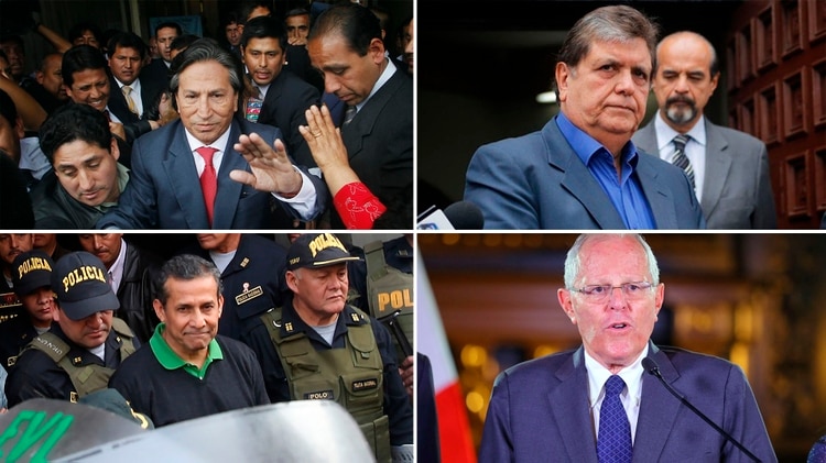 Los ex presidentes Alejandro Toledo, Alan García (arriba, de izquierda a derecha), Ollanta Humala y Pedro Pablo Kuczynski (abajo) tienen causas abiertas por corrupción. Además, Alberto Fujimori cumple una condena a 25 años de prisión.