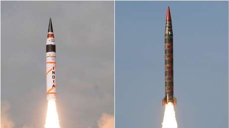 Lanzamiento de un misil indio Agni V (izq.) y de un misil pakistaní Shaheen 1A.