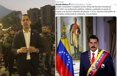 Guaidó en el video que publicó en Twitter y al lado mel mensaje que Maduro publicó este martes en la misma red social