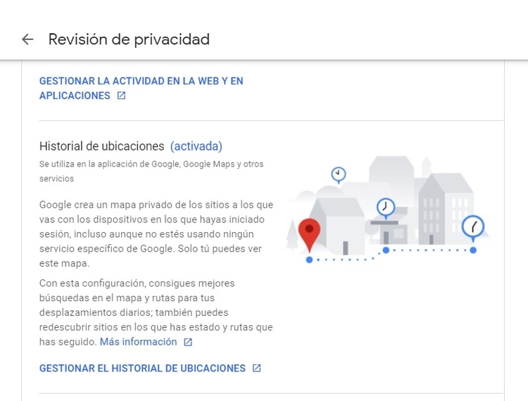 Dentro de Historial de ubicaciones hay que ingresar en la opción Gestionar el historial de ubicaciones.