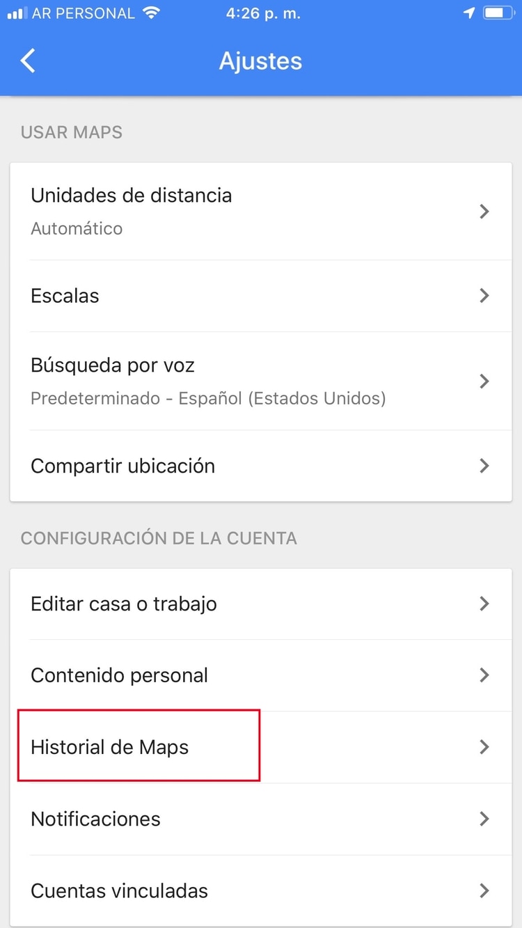 En iPhone hay que ir hasta Ajustes/Historial de Maps y presionar en los tres puntos en la zona superior. Una vez allí, hay que ingresar donde dice “Borrar actividad por”
