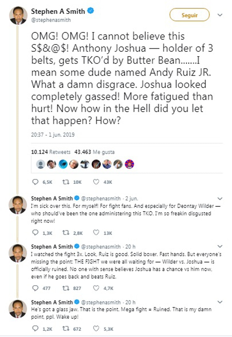 El periodista de ESPN manifestó su inconformidad con los resultados de la pelea entre Andy Ruiz y Anthony Joshua (Foto: Twitter)