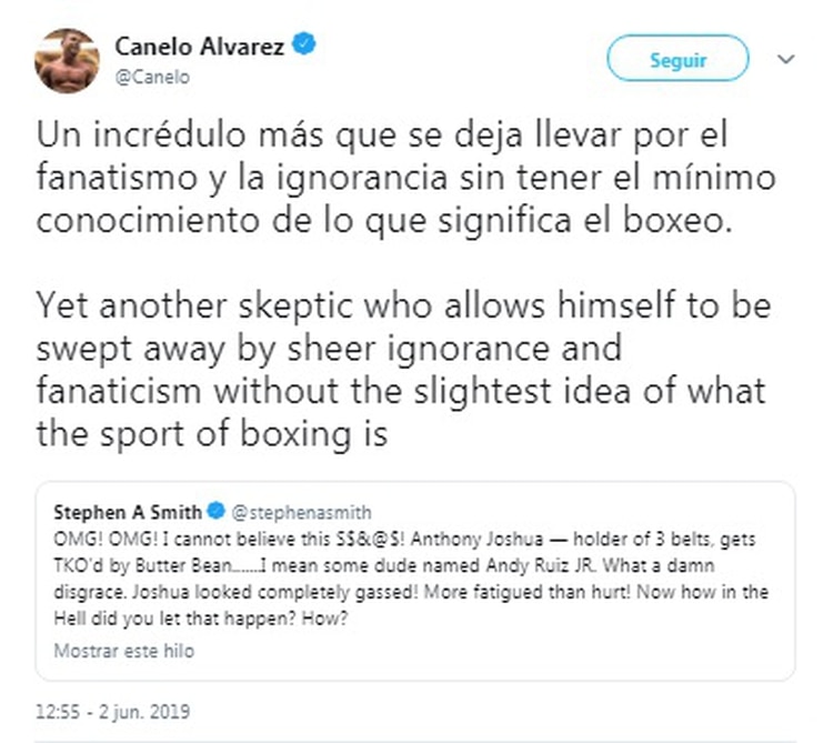La estrella mexicana, Saúl Álvarez, defendió enérgicamente a la victoria de su compatriota Andy Ruiz (Foto: Twitter)