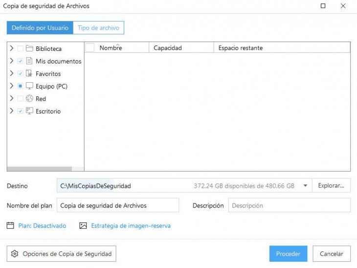 Opción para hacer copias de seguridad de archivos