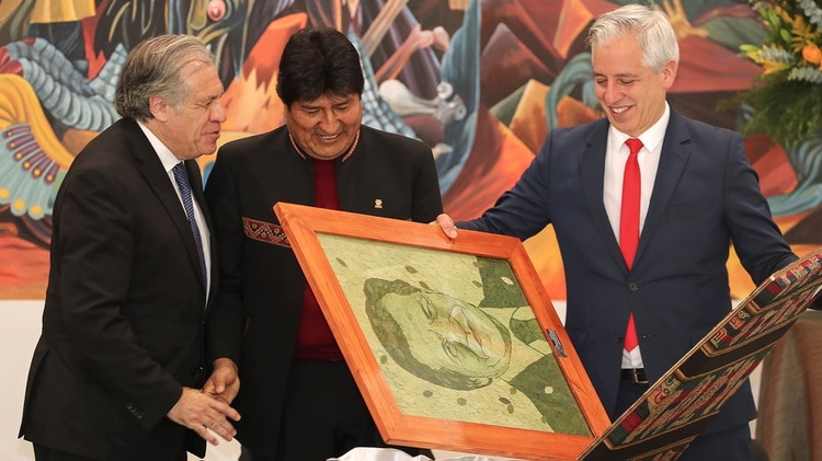 El presidente de Bolivia, Evo Morales (c), y el vicepresidente, Álvaro García Linera (d), entregan un retrato hecho con hojas de coca al secretario general de la Organización de Estados Americanos (OEA), Luis Almagro (i), en La Paz (Bolivia). Almagro estuvo en una visita oficial para, entre otras cosas, firmar un acuerdo para que observadores de la OEA supervisen el proceso electoral para los comicios del 20 de octubre. EFE/ Martín Alipaz